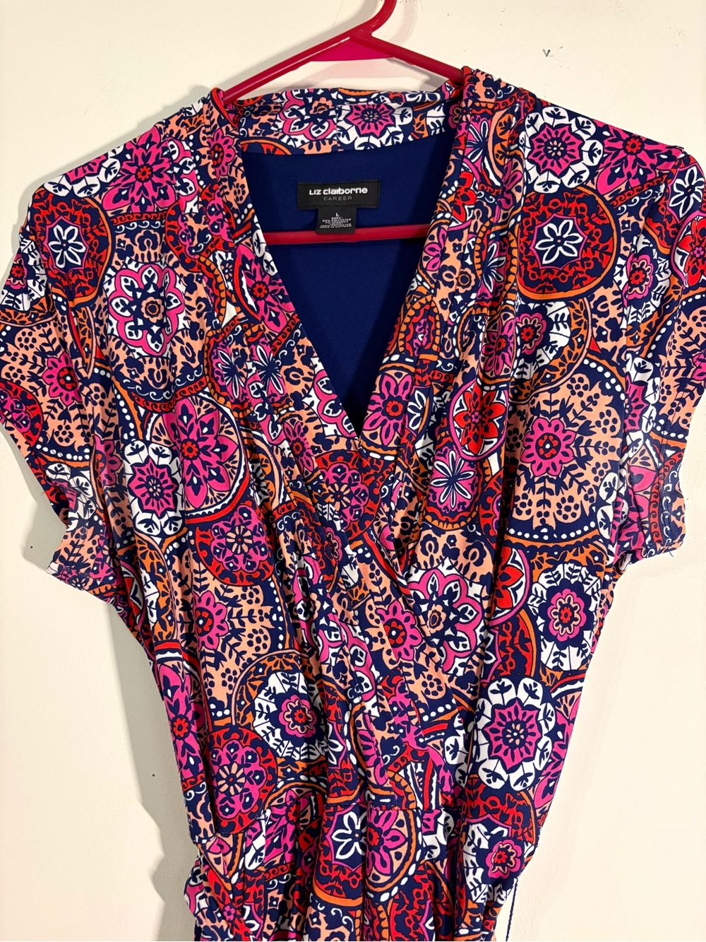 Liz Claiborne Pink Navy Orange Floral Medallion V-Neck dress